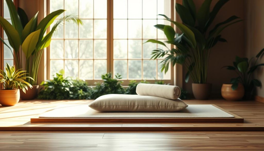 A cozy, minimalist meditation space with a clean wooden platform in the foreground, surrounded by lush greenery and diffused natural lighting filtering through large windows in the background. The platform features a plush cushion and a simple, elegant meditation pillow. Warm, earthy tones create a calming, serene atmosphere, inviting the viewer to pause and immerse themselves in the practice of guided meditation. A cozy, minimalist meditation space with a clean wooden platform in the foreground, surrounded by lush greenery and diffused natural lighting filtering through large windows in the background. The platform features a plush cushion and a simple, elegant meditation pillow. Warm, earthy tones create a calming, serene atmosphere, inviting the viewer to pause and immerse themselves in the practice of guided meditation.