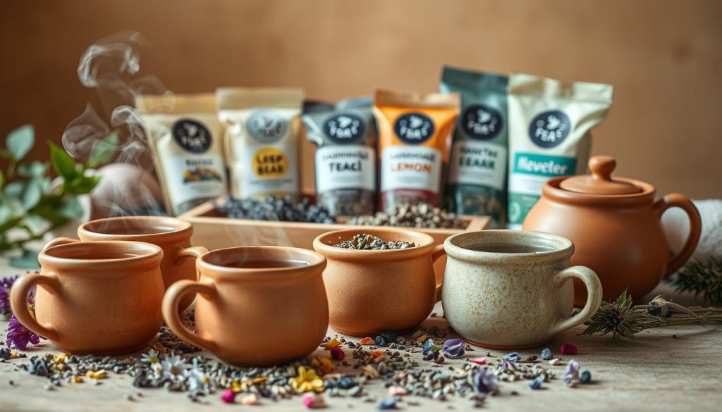 A cozy still life scene of an assortment of herbal teas for anxiety relief. In the foreground, a collection of clay mugs and teacups filled with steaming infusions of chamomile, lavender, and lemon balm. Surrounding them, a scattering of dried herbs, flower petals, and soothing essential oils. In the middle ground, a wooden tray holding an array of loose-leaf tea blends, their labels promising peace and tranquility. The background softly blurs into a warm, earthy tone, evoking a sense of comfort and relaxation. Soft, diffused lighting casts gentle shadows, creating an intimate, calming atmosphere. Captured with a shallow depth of field, the image emphasizes the textures and colors of the natural ingredients, inviting the viewer to slow down and savor the moment.