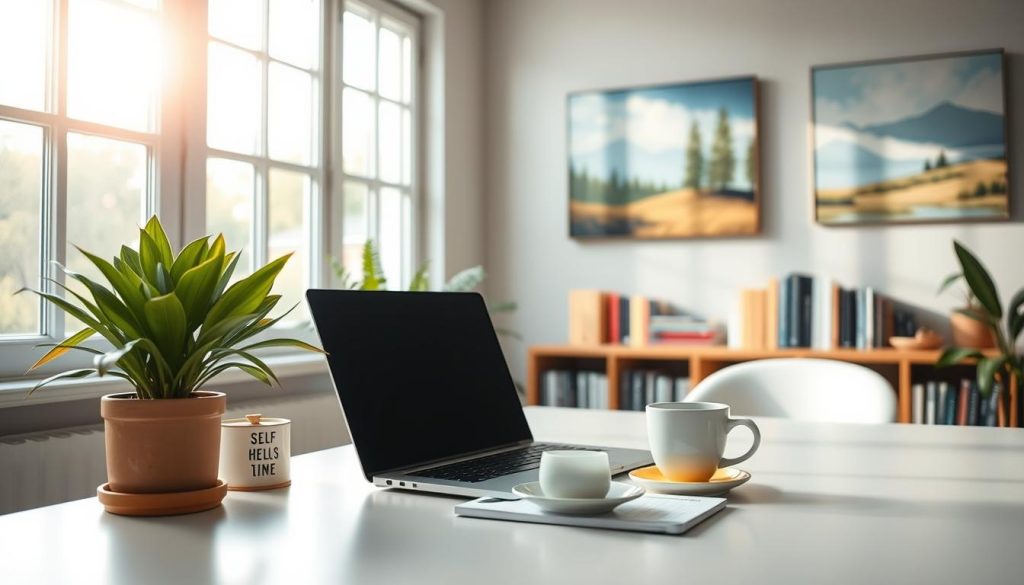 A peaceful home office setting, bathed in soft natural light filtering through large windows. On the desk, a laptop, a potted plant, and a cup of tea, symbolizing the tranquility and focus of online stress management techniques. In the background, a bookshelf filled with self-help titles, and a serene landscape painting on the wall, evoking a sense of balance and inner calm. The entire scene is captured with a warm, inviting lens, encouraging the viewer to embrace the power of digital tools and environments to alleviate stress and promote well-being.