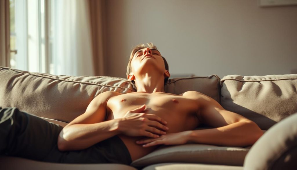 A person lying on a cozy sofa, eyes closed, deeply focused on their breathing. Their body is bathed in soft, warm lighting, casting gentle shadows that highlight the contours of their muscles as they gradually release tension. The background is a tranquil, minimalist living room, with muted earth tones and natural textures that create a calming, serene atmosphere. The scene evokes a sense of profound relaxation and inner peace, perfectly capturing the essence of progressive muscle relaxation. A person lying on a cozy sofa, eyes closed, deeply focused on their breathing. Their body is bathed in soft, warm lighting, casting gentle shadows that highlight the contours of their muscles as they gradually release tension. The background is a tranquil, minimalist living room, with muted earth tones and natural textures that create a calming, serene atmosphere. The scene evokes a sense of profound relaxation and inner peace, perfectly capturing the essence of progressive muscle relaxation.