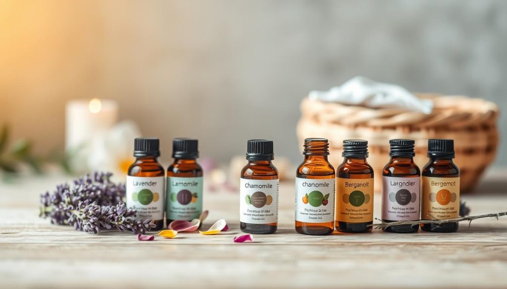 A relaxing still life scene depicting an assortment of essential oils for self-care. In the foreground, several glass bottles of various essential oils like lavender, chamomile, and bergamot are neatly arranged on a wooden surface, their labels clearly visible. In the middle ground, a few scattered flower petals and sprigs of greenery add a natural, organic touch. The background is softly lit with a warm, diffused glow, creating a serene, spa-like atmosphere. The overall composition conveys a sense of tranquility and mindfulness, inviting the viewer to experience the calming benefits of aromatherapy. A relaxing still life scene depicting an assortment of essential oils for self-care. In the foreground, several glass bottles of various essential oils like lavender, chamomile, and bergamot are neatly arranged on a wooden surface, their labels clearly visible. In the middle ground, a few scattered flower petals and sprigs of greenery add a natural, organic touch. The background is softly lit with a warm, diffused glow, creating a serene, spa-like atmosphere. The overall composition conveys a sense of tranquility and mindfulness, inviting the viewer to experience the calming benefits of aromatherapy.