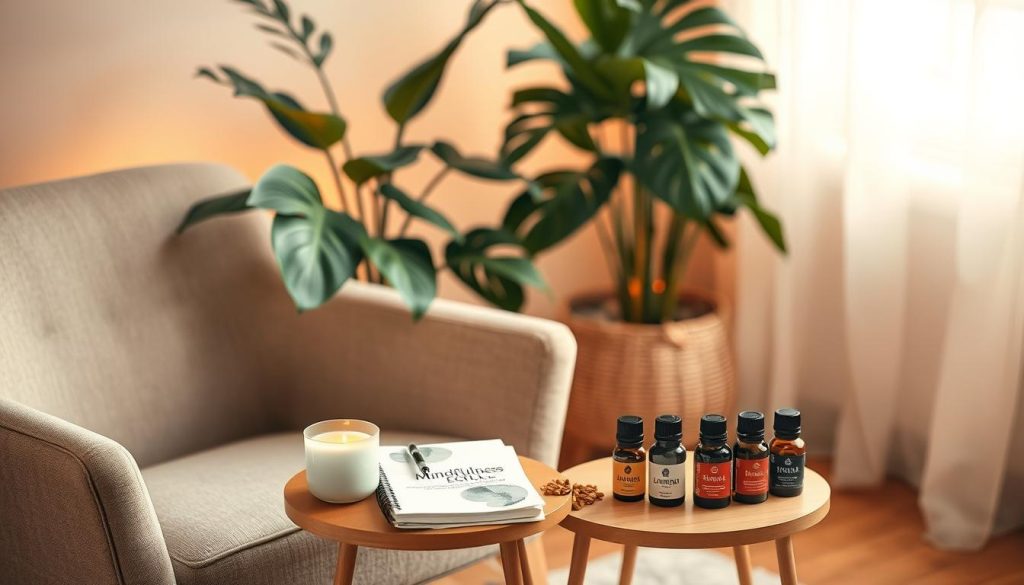 A serene and calming meditation space with a comfortable armchair and a small side table displaying various stress relief items - a scented candle, a cup of herbal tea, a mindfulness journal, and a set of essential oil bottles. The room is filled with warm, soft lighting, creating a soothing ambiance. Large, lush plants in the background add a touch of natural greenery, while a minimalist, Scandinavian-inspired decor style sets the tone for a peaceful, mindful environment. The overall scene evokes a sense of relaxation and invites the viewer to engage in stress-relieving activities. A serene and calming meditation space with a comfortable armchair and a small side table displaying various stress relief items - a scented candle, a cup of herbal tea, a mindfulness journal, and a set of essential oil bottles. The room is filled with warm, soft lighting, creating a soothing ambiance. Large, lush plants in the background add a touch of natural greenery, while a minimalist, Scandinavian-inspired decor style sets the tone for a peaceful, mindful environment. The overall scene evokes a sense of relaxation and invites the viewer to engage in stress-relieving activities.