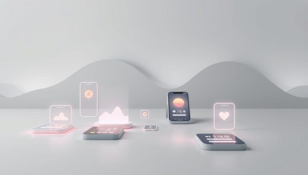 A serene and minimalist digital landscape, featuring a collection of stylized mobile apps and widgets arranged in a clean, organized manner. The apps are displayed on various holographic-like screens, emitting a soft, ambient glow that creates a sense of harmony and digital wellness. The background is a muted, gradient-based environment, with subtle geometric patterns and a hint of natural elements, such as clouds or abstract landscapes, to convey a sense of balance and integration between technology and well-being. The lighting is soft and diffused, creating a calming and introspective atmosphere. The overall composition emphasizes the seamless integration of digital tools into a user's daily routine, promoting a holistic approach to emotional and mental health.