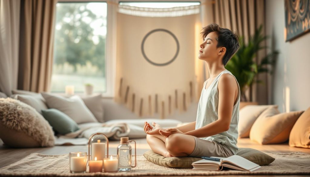 A serene and tranquil indoor setting, with a cozy lounge area featuring plush pillows and soft textiles. In the foreground, a young person is sitting cross-legged on a meditation cushion, eyes closed in a state of deep contemplation. Warm, diffused lighting from a large window illuminates the scene, casting a gentle glow. In the middle ground, various self-care items are arranged, such as scented candles, a crystal water bottle, and a journal with a pen. The background features a minimalist, Zen-inspired wall hanging or artwork, conveying a sense of emotional and spiritual balance. The overall atmosphere is one of relaxation, introspection, and personal wellbeing. A serene and tranquil indoor setting, with a cozy lounge area featuring plush pillows and soft textiles. In the foreground, a young person is sitting cross-legged on a meditation cushion, eyes closed in a state of deep contemplation. Warm, diffused lighting from a large window illuminates the scene, casting a gentle glow. In the middle ground, various self-care items are arranged, such as scented candles, a crystal water bottle, and a journal with a pen. The background features a minimalist, Zen-inspired wall hanging or artwork, conveying a sense of emotional and spiritual balance. The overall atmosphere is one of relaxation, introspection, and personal wellbeing.