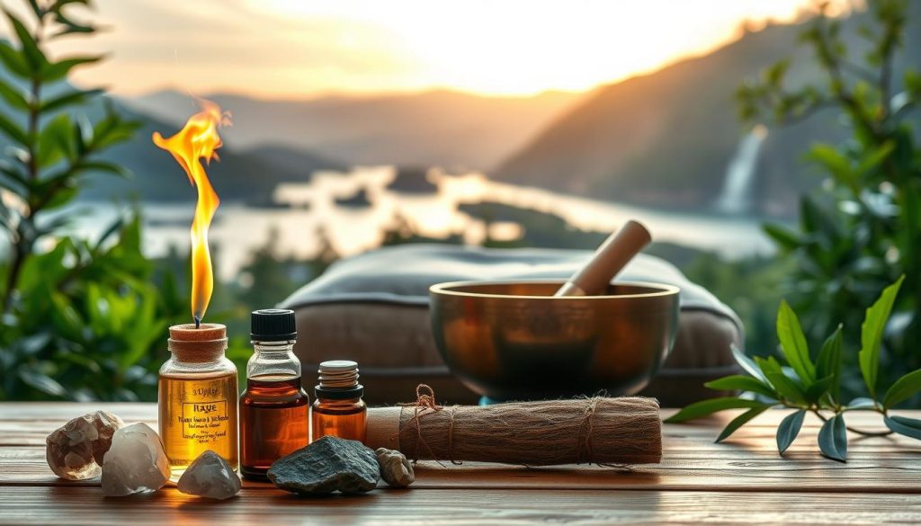 A serene and tranquil scene depicting various natural stress remedies. In the foreground, a collection of soothing essential oils, crystals, and a burning sage stick, all arranged on a wooden surface. The middle ground features a plush, comfortable meditation cushion with a Tibetan singing bowl beside it, surrounded by lush, verdant plants and soft lighting. In the background, a panoramic view of a peaceful, mountainous landscape with a calming river or waterfall, bathed in the warm glow of the setting sun. The overall atmosphere is one of relaxation, balance, and holistic well-being. A serene and tranquil scene depicting various natural stress remedies. In the foreground, a collection of soothing essential oils, crystals, and a burning sage stick, all arranged on a wooden surface. The middle ground features a plush, comfortable meditation cushion with a Tibetan singing bowl beside it, surrounded by lush, verdant plants and soft lighting. In the background, a panoramic view of a peaceful, mountainous landscape with a calming river or waterfall, bathed in the warm glow of the setting sun. The overall atmosphere is one of relaxation, balance, and holistic well-being.