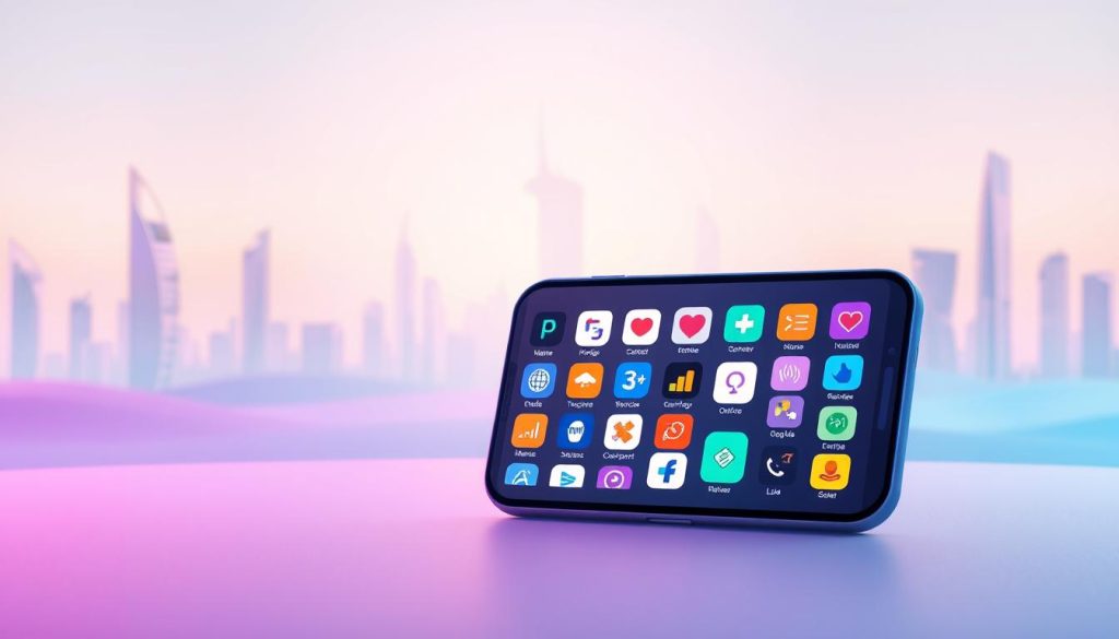 A serene digital landscape showcases a vibrant array of mental health apps and resources. In the foreground, a stylized smartphone display presents various app icons, each representing a different wellness tool, such as meditation guides, mood trackers, and self-care exercises. The middle ground features a soothing, pastel-colored gradient that creates a calming atmosphere, while the background depicts a minimalist cityscape of sleek, futuristic buildings bathed in a soft, ambient light. The overall composition conveys a sense of digital empowerment, where technology seamlessly integrates with emotional wellbeing, offering a visually striking and inviting representation of the digital emotional wellness resources.