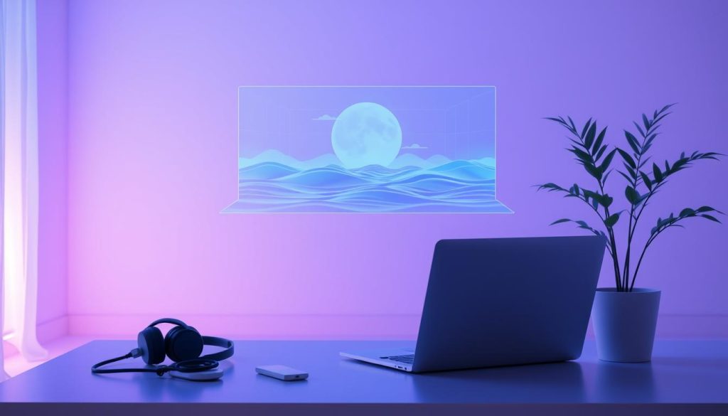 A serene digital retreat, bathed in soothing hues of blue and violet. In the foreground, a minimalist workspace with a laptop, wireless headphones, and a potted plant, conveying a sense of focused calm. The middle ground features a holographic display projecting gentle waves and tranquil landscapes, creating an immersive digital oasis. In the background, a soft, atmospheric lighting scheme illuminates the scene, infusing it with a sense of digital zen. The overall composition evokes a harmonious balance between technology and mindfulness, inspiring a meditative state of digital relaxation.