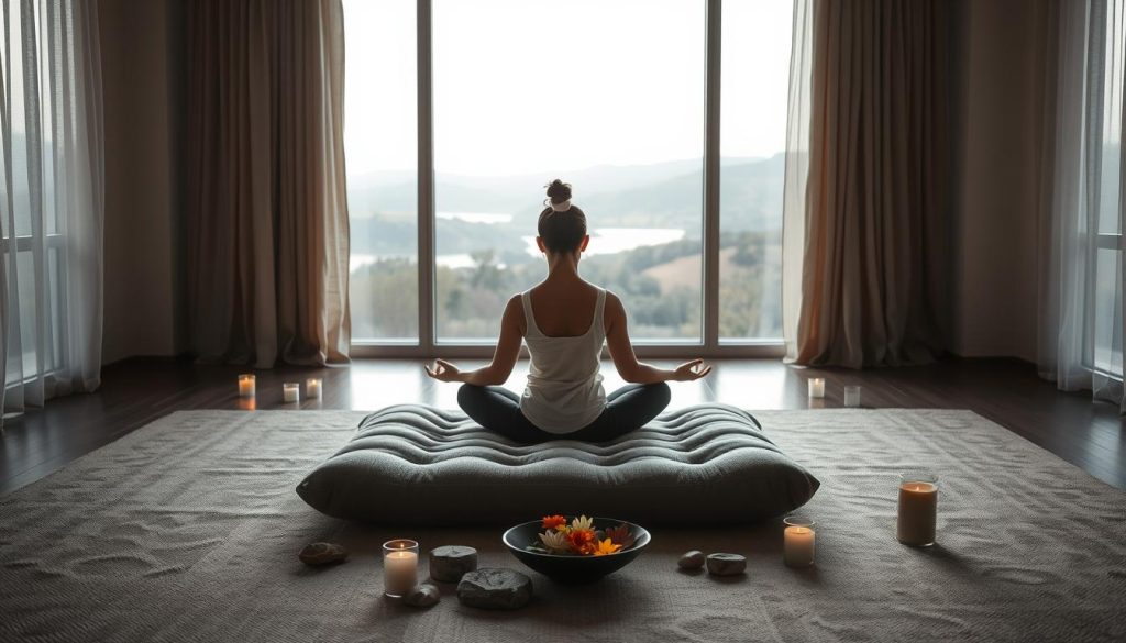 A serene, dimly lit room with soft natural lighting filtering through sheer curtains. In the foreground, a person sitting cross-legged on a plush, neutral-toned floor cushion, their eyes closed in meditation. Surrounding them, a selection of natural elements like smooth river stones, fragrant candles, and a small bowl of fresh flowers. In the background, a tranquil landscape visible through a large window, with rolling hills and a calming body of water. The overall atmosphere is one of profound stillness and inner peace.