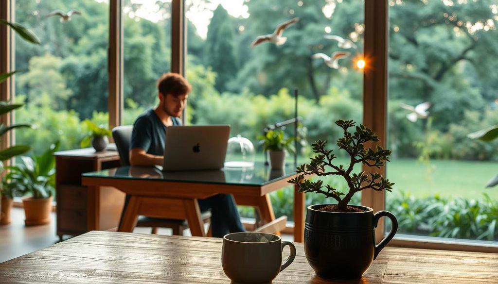 A serene home office with a large window overlooking a lush, verdant garden. A person sits at a minimalist wood and glass desk, laptop open, deep in focused work. The lighting is warm and natural, casting a soft glow. Plants and a small water feature adorn the space, creating a calming ambiance. In the foreground, a potted bonsai tree and a mug of steaming tea suggest a balance between productivity and mindfulness. The background depicts a tranquil outdoor scene, with birds in flight and the sun peeking through the trees, symbolizing the harmony between work and personal life.