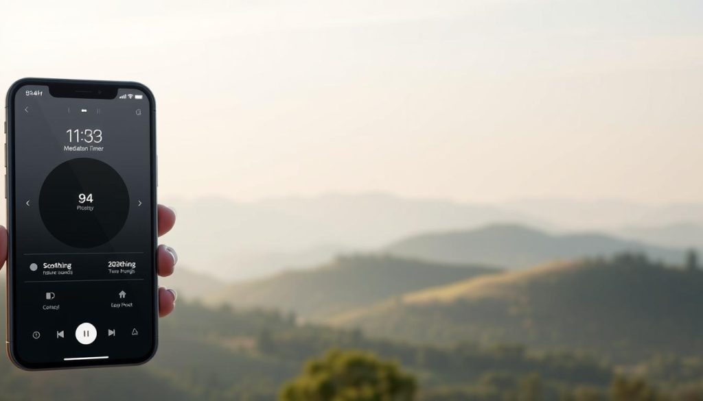 A serene, minimalist interface showcasing key features of a mindfulness app. In the foreground, a smartphone display depicts a clean, elegant design with intuitive meditation timer controls, soothing nature sounds, and a progress tracker. In the middle ground, a tranquil landscape unfolds, with rolling hills, lush greenery, and a calming skyline bathed in soft, diffused lighting. The background features a simplistic, yet refined aesthetic, with subtle gradients and muted tones that evoke a sense of introspection and focus. The overall mood is one of clarity, relaxation, and a deep connection to the present moment. A serene, minimalist interface showcasing key features of a mindfulness app. In the foreground, a smartphone display depicts a clean, elegant design with intuitive meditation timer controls, soothing nature sounds, and a progress tracker. In the middle ground, a tranquil landscape unfolds, with rolling hills, lush greenery, and a calming skyline bathed in soft, diffused lighting. The background features a simplistic, yet refined aesthetic, with subtle gradients and muted tones that evoke a sense of introspection and focus. The overall mood is one of clarity, relaxation, and a deep connection to the present moment.