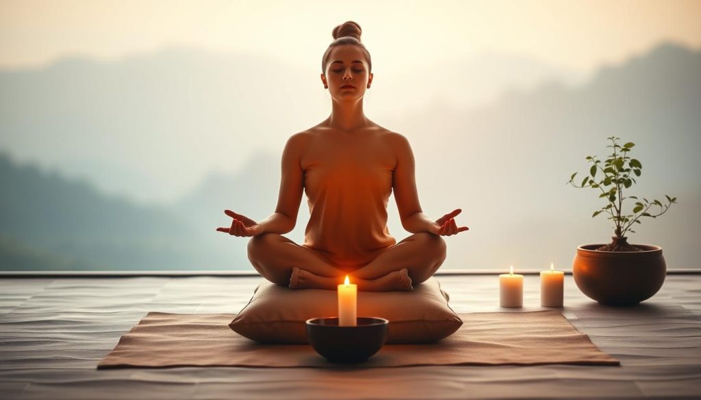 A serene, minimalist scene showcasing various mindfulness practices. In the foreground, a person sits cross-legged on a cushion, eyes closed in deep meditation, bathed in warm, diffused lighting. The middle ground features symbolic elements of mindfulness - a lit candle, a bowl of fragrant incense, and a simple plant. The background blends a calming, out-of-focus landscape with muted colors, evoking a sense of tranquility and inner peace. The overall composition radiates a meditative atmosphere, inspiring the viewer to pause and reflect on the power of mindfulness in daily life.