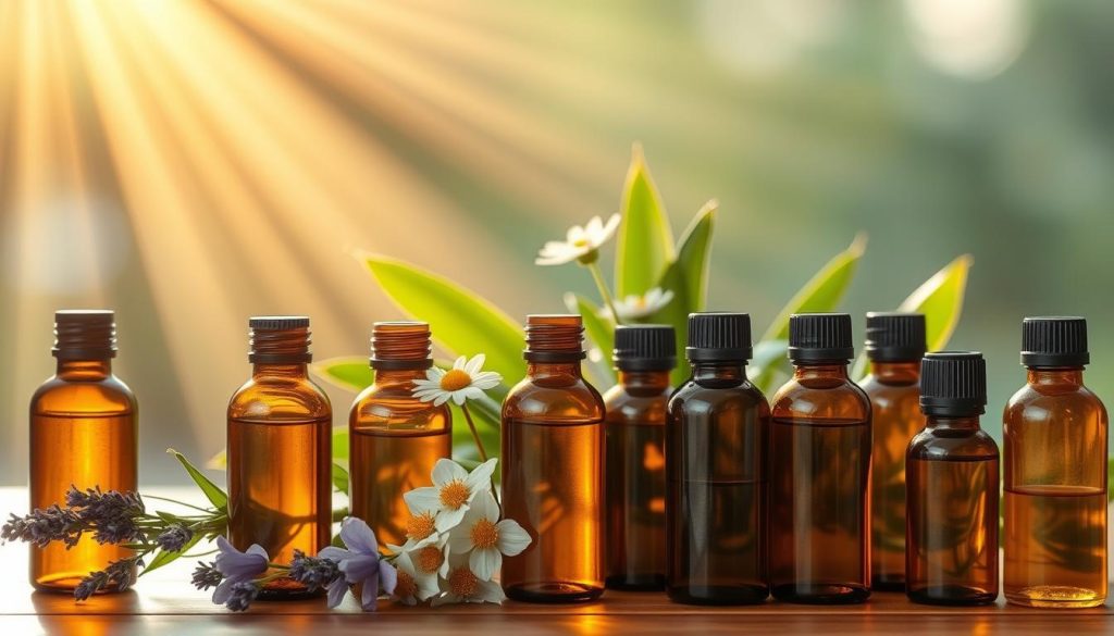 A serene still life featuring a selection of the most renowned essential oils for relaxation. Arranged in the foreground, a collection of amber glass bottles containing oils such as lavender, chamomile, and ylang-ylang. Shafts of warm, golden light stream in from the left, casting a soft, soothing glow across the scene. In the middle ground, lush, verdant leaves and delicate flowers add a touch of natural tranquility. The background fades into a hazy, dreamlike blur, creating a sense of calm and escape. The overall mood is one of tranquility, mindfulness, and the restorative power of nature's most fragrant remedies. A serene still life featuring a selection of the most renowned essential oils for relaxation. Arranged in the foreground, a collection of amber glass bottles containing oils such as lavender, chamomile, and ylang-ylang. Shafts of warm, golden light stream in from the left, casting a soft, soothing glow across the scene. In the middle ground, lush, verdant leaves and delicate flowers add a touch of natural tranquility. The background fades into a hazy, dreamlike blur, creating a sense of calm and escape. The overall mood is one of tranquility, mindfulness, and the restorative power of nature's most fragrant remedies.