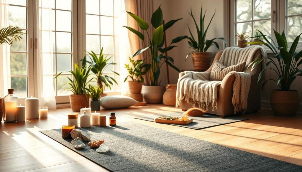 A serene, sunlit room filled with natural elements and holistic self-care tools. In the foreground, a plush yoga mat and an array of crystals, candles, and essential oil diffusers. In the middle ground, a cozy armchair with a soft, knitted throw and a tray of herbal teas. The background features lush, green plants, a meditation pillow, and a large window overlooking a peaceful outdoor scene. The lighting is warm and inviting, casting a soft glow throughout the space. The overall atmosphere is one of tranquility, balance, and mindful self-care. A serene, sunlit room filled with natural elements and holistic self-care tools. In the foreground, a plush yoga mat and an array of crystals, candles, and essential oil diffusers. In the middle ground, a cozy armchair with a soft, knitted throw and a tray of herbal teas. The background features lush, green plants, a meditation pillow, and a large window overlooking a peaceful outdoor scene. The lighting is warm and inviting, casting a soft glow throughout the space. The overall atmosphere is one of tranquility, balance, and mindful self-care.