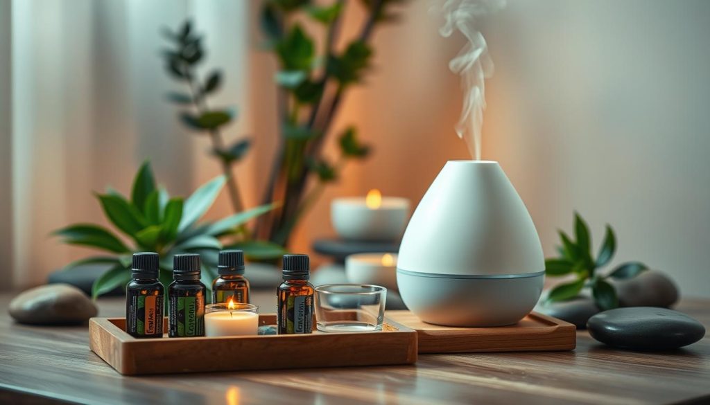 A serene, tranquil scene of an aromatherapy setup for stress relief. In the foreground, a wooden tray holds a selection of essential oil bottles, a lit candle, and a diffuser emitting a soft, fragrant mist. In the middle ground, lush green plants and natural elements like river rocks create a calming, earthy atmosphere. The background is softly blurred, with muted, soothing colors that evoke a sense of peaceful relaxation. Warm, diffused lighting illuminates the scene, casting a gentle, therapeutic glow. The overall composition conveys the restorative power of essential oils and the importance of mindful self-care for managing stress. A serene, tranquil scene of an aromatherapy setup for stress relief. In the foreground, a wooden tray holds a selection of essential oil bottles, a lit candle, and a diffuser emitting a soft, fragrant mist. In the middle ground, lush green plants and natural elements like river rocks create a calming, earthy atmosphere. The background is softly blurred, with muted, soothing colors that evoke a sense of peaceful relaxation. Warm, diffused lighting illuminates the scene, casting a gentle, therapeutic glow. The overall composition conveys the restorative power of essential oils and the importance of mindful self-care for managing stress.