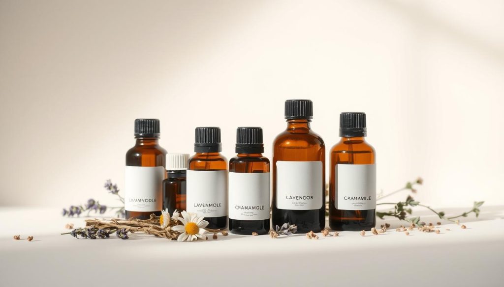 A serene, well-lit image of an assortment of essential oil bottles and dried herbs against a plain, neutral background. The bottles should be made of high-quality glass or ceramic, with minimalist, elegant labels. The herbs, such as lavender, chamomile, and bergamot, should be neatly arranged around the bottles, conveying a sense of natural harmony and wellness. The lighting should be soft and diffused, creating a calming, therapeutic atmosphere. The composition should be balanced and visually appealing, highlighting the essential oils as the central focus. The overall mood should be one of tranquility, relaxation, and a commitment to holistic self-care. A serene, well-lit image of an assortment of essential oil bottles and dried herbs against a plain, neutral background. The bottles should be made of high-quality glass or ceramic, with minimalist, elegant labels. The herbs, such as lavender, chamomile, and bergamot, should be neatly arranged around the bottles, conveying a sense of natural harmony and wellness. The lighting should be soft and diffused, creating a calming, therapeutic atmosphere. The composition should be balanced and visually appealing, highlighting the essential oils as the central focus. The overall mood should be one of tranquility, relaxation, and a commitment to holistic self-care.