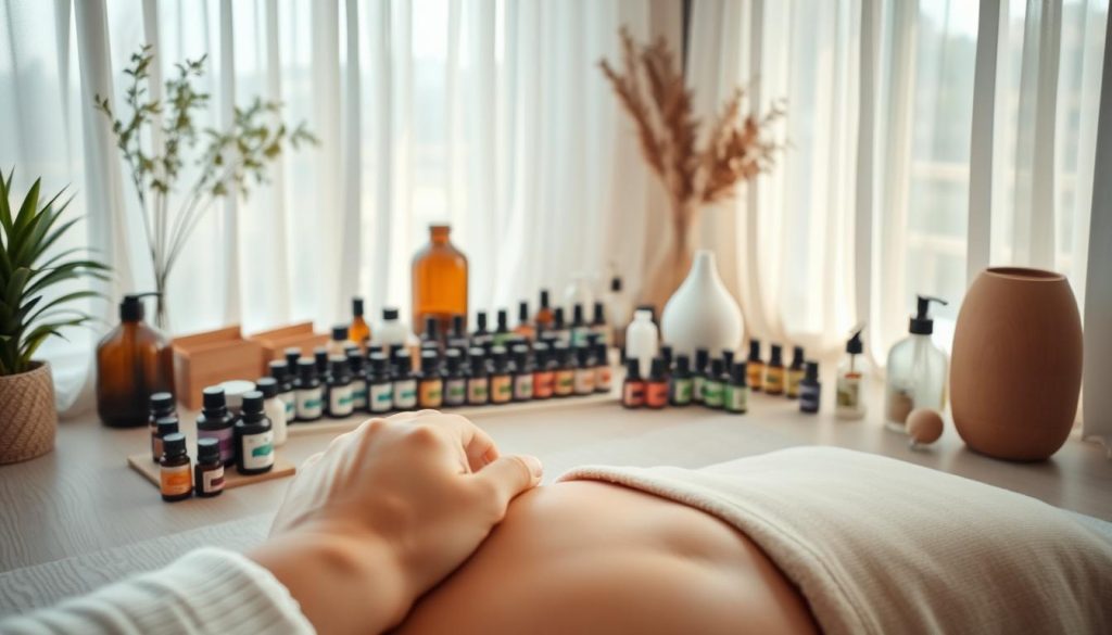 A serene, well-lit studio setting showcasing various aromatherapy application methods. In the foreground, a person's hands gently applying essential oils to the skin using a massage technique. In the middle ground, an array of essential oil bottles, diffusers, and other aromatherapy tools arranged neatly. In the background, soft natural lighting filters through airy curtains, creating a calming ambiance. The overall scene exudes a sense of tranquility and mindfulness, reflecting the holistic approach to wellness through the art of aromatherapy. A serene, well-lit studio setting showcasing various aromatherapy application methods. In the foreground, a person's hands gently applying essential oils to the skin using a massage technique. In the middle ground, an array of essential oil bottles, diffusers, and other aromatherapy tools arranged neatly. In the background, soft natural lighting filters through airy curtains, creating a calming ambiance. The overall scene exudes a sense of tranquility and mindfulness, reflecting the holistic approach to wellness through the art of aromatherapy.