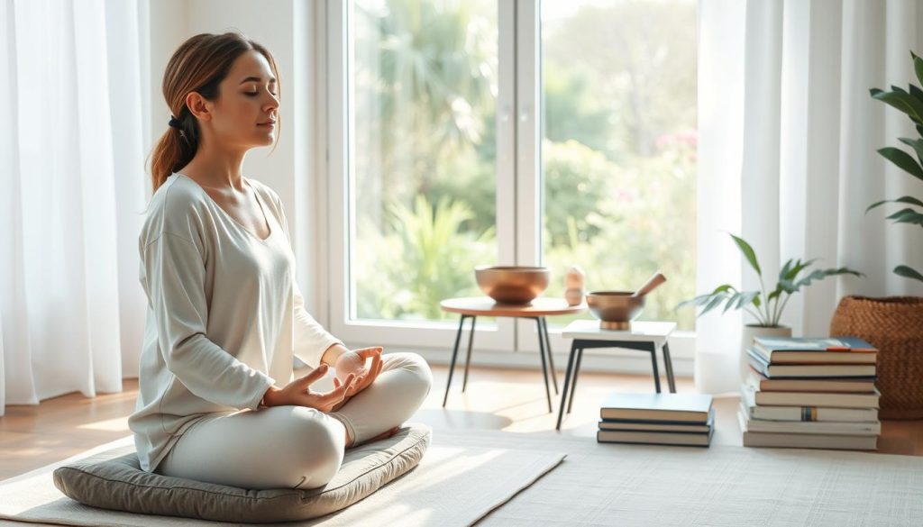 A serene, well-lit study space with a peaceful, minimalist aesthetic. In the foreground, a person sits cross-legged on a meditation cushion, eyes closed, hands resting gently in their lap, embodying a sense of focused concentration and inner calm. The middle ground features a small table with a few mindfulness tools - a crystal, a Tibetan singing bowl, and a stack of journals. The background showcases a large window overlooking a tranquil garden, with soft, diffused natural lighting filtering in. The overall scene conveys a sense of introspection, balance, and a space dedicated to personal wellbeing. A serene, well-lit study space with a peaceful, minimalist aesthetic. In the foreground, a person sits cross-legged on a meditation cushion, eyes closed, hands resting gently in their lap, embodying a sense of focused concentration and inner calm. The middle ground features a small table with a few mindfulness tools - a crystal, a Tibetan singing bowl, and a stack of journals. The background showcases a large window overlooking a tranquil garden, with soft, diffused natural lighting filtering in. The overall scene conveys a sense of introspection, balance, and a space dedicated to personal wellbeing.