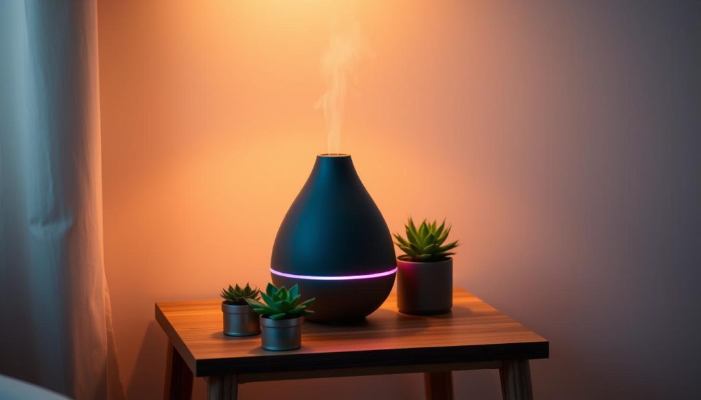 A sleek, modern aromatherapy diffuser bathed in soft, warm lighting sits atop a simple wooden side table. The diffuser emits a delicate mist, filling the air with the soothing scent of lavender. Surrounding the diffuser are a few potted succulents, their lush green leaves adding a touch of natural beauty to the serene scene. The room is bathed in a cozy, ambient glow, creating a calming and restorative atmosphere perfect for stress relief. The image is captured from a slightly elevated angle, showcasing the diffuser's elegant design and the harmonious arrangement of the elements in the space. A sleek, modern aromatherapy diffuser bathed in soft, warm lighting sits atop a simple wooden side table. The diffuser emits a delicate mist, filling the air with the soothing scent of lavender. Surrounding the diffuser are a few potted succulents, their lush green leaves adding a touch of natural beauty to the serene scene. The room is bathed in a cozy, ambient glow, creating a calming and restorative atmosphere perfect for stress relief. The image is captured from a slightly elevated angle, showcasing the diffuser's elegant design and the harmonious arrangement of the elements in the space.