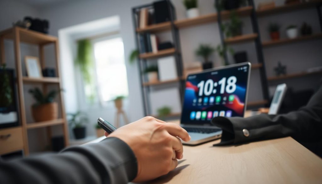 A softly lit home office scene, captured through a wide-angle lens. In the foreground, a person's hands rest on a desktop, holding a smartphone. The middle ground features a laptop, its screen displaying a digital clock and app icons. The background reveals shelves with books, plants, and a window letting in natural light. The atmosphere conveys a sense of mindfulness and intentionality in managing digital activities. Subtle textures and muted colors create a calming, focused ambiance.