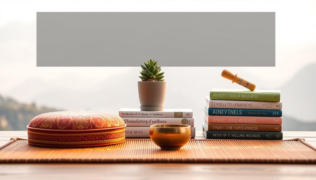 A soothing, minimalist arrangement of mindfulness tools against a serene backdrop. In the foreground, an ornate meditation cushion, a bamboo mat, and a small singing bowl, all bathed in warm, diffused light. In the middle ground, a potted succulent and a stack of inspirational books on wellness. The background features a tranquil, blurred nature scene, with hazy mountains and a softly filtered sky. The overall atmosphere is one of calm, focus, and introspection, inviting the viewer to engage in grounding, anxiety-relieving practices.