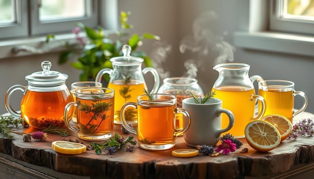 A still life scene of an assortment of calming herbal teas, arranged on a rustic wooden table with natural lighting streaming in from a nearby window. The teas are presented in a variety of glass teapots, mugs, and ceramic cups, showcasing their vibrant colors and aromatic steam. The composition features carefully placed sprigs of fresh herbs, dried flowers, and lemon slices, creating a soothing and inviting atmosphere. The overall lighting is soft and diffused, lending a tranquil, spa-like ambiance to the scene. The camera angle is slightly elevated, allowing the viewer to take in the full spread of the calming herbal tea selection.