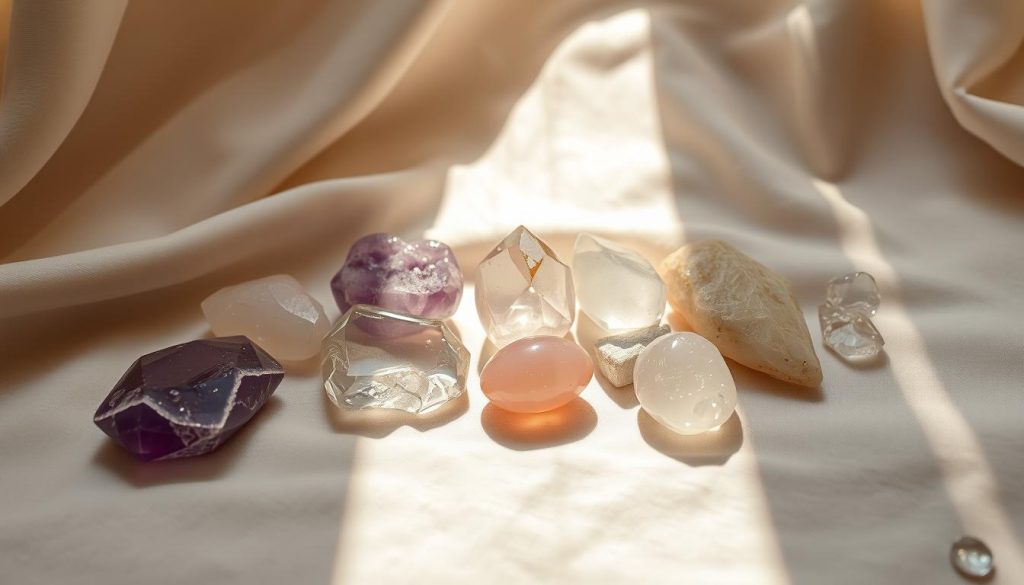 A tranquil arrangement of various healing crystals resting on a soft, white cloth, illuminated by warm, natural lighting that casts gentle shadows. The crystals, including amethyst, rose quartz, and clear quartz, are carefully positioned to create a harmonious and visually pleasing composition. The scene evokes a sense of serenity and emotional balance, inviting the viewer to reflect on the soothing and restorative properties of these natural gemstones.