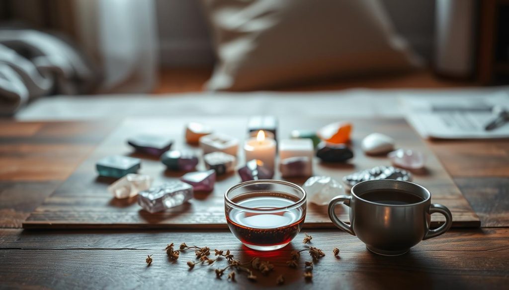 A tranquil crystal grid composed of various healing stones, including amethyst, rose quartz, and clear quartz, arranged in a harmonious pattern on a wooden surface. Soft, diffused lighting casts a warm, soothing glow, evoking a sense of inner peace and emotional balance. In the foreground, a cup of herbal tea or a small meditation cushion completes the serene, mindful scene. The middle ground features a scattering of dried flowers or leaves, adding a touch of natural elegance. The background is blurred, suggesting a cozy, intimate setting, perhaps a bedroom or a private meditation space. The overall atmosphere is one of calming introspection and holistic well-being.