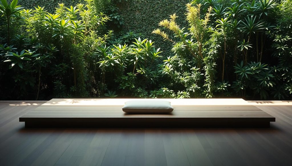 A tranquil, minimalist meditation platform set against a serene, natural backdrop. In the foreground, a simple, wooden platform with clean lines and a cushion invites the viewer to sit and practice. Behind it, lush, verdant foliage frames the scene, creating a sense of privacy and calm. Soft, diffused natural lighting illuminates the platform, casting gentle shadows and highlighting the organic textures. The overall mood is one of serenity, focus, and mindfulness, perfectly suited for guided meditation sessions for beginners. A tranquil, minimalist meditation platform set against a serene, natural backdrop. In the foreground, a simple, wooden platform with clean lines and a cushion invites the viewer to sit and practice. Behind it, lush, verdant foliage frames the scene, creating a sense of privacy and calm. Soft, diffused natural lighting illuminates the platform, casting gentle shadows and highlighting the organic textures. The overall mood is one of serenity, focus, and mindfulness, perfectly suited for guided meditation sessions for beginners.
