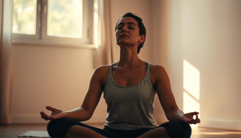 A tranquil scene of a person deeply focused on their breathing, sitting cross-legged in a dimly lit, peaceful room. Soft, warm lighting emanates from a window, casting a natural glow on the figure's face. The background is blurred, creating a sense of serenity and isolation, allowing the viewer to concentrate on the act of deep breathing. The person's eyes are closed, their expression serene, as they inhale and exhale steadily, their chest rising and falling with each breath. The atmosphere is calming, inviting the viewer to join in the practice of deep breathing exercises. A tranquil scene of a person deeply focused on their breathing, sitting cross-legged in a dimly lit, peaceful room. Soft, warm lighting emanates from a window, casting a natural glow on the figure's face. The background is blurred, creating a sense of serenity and isolation, allowing the viewer to concentrate on the act of deep breathing. The person's eyes are closed, their expression serene, as they inhale and exhale steadily, their chest rising and falling with each breath. The atmosphere is calming, inviting the viewer to join in the practice of deep breathing exercises.