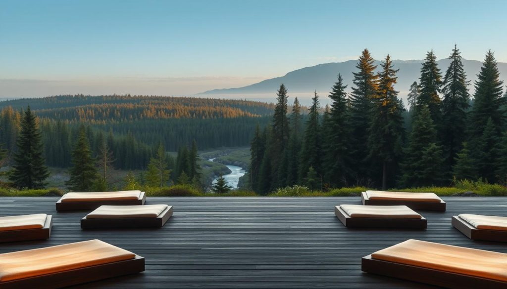A tranquil scene of guided meditation platforms set against a serene natural backdrop. In the foreground, several minimalist wooden platforms with plush cushions arranged in a meditative circle, illuminated by warm, diffuse lighting. In the middle ground, a lush, verdant forest with towering evergreen trees and a calming stream cutting through the landscape. The background features a distant, hazy mountain range, softly lit by the golden glow of the setting sun. The overall atmosphere evokes a sense of peace, introspection, and connection with the natural world. A tranquil scene of guided meditation platforms set against a serene natural backdrop. In the foreground, several minimalist wooden platforms with plush cushions arranged in a meditative circle, illuminated by warm, diffuse lighting. In the middle ground, a lush, verdant forest with towering evergreen trees and a calming stream cutting through the landscape. The background features a distant, hazy mountain range, softly lit by the golden glow of the setting sun. The overall atmosphere evokes a sense of peace, introspection, and connection with the natural world.