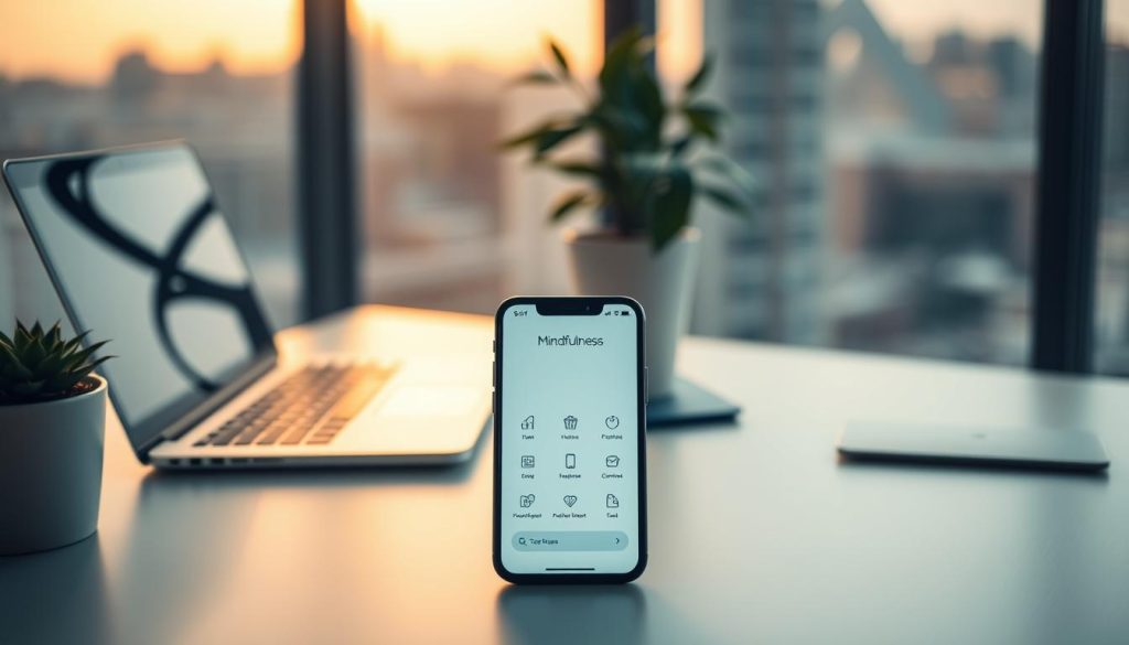 A tranquil workspace with a minimalist desk, a laptop, and a potted plant. The lighting is soft and warm, creating a contemplative atmosphere. In the foreground, a smartphone displays a mindfulness app interface with clean, intuitive icons and a serene color palette. The background features a blurred cityscape, symbolizing the balance between digital wellness and urban life. The overall composition conveys a sense of focus, reflection, and the pursuit of inner peace through technology. A tranquil workspace with a minimalist desk, a laptop, and a potted plant. The lighting is soft and warm, creating a contemplative atmosphere. In the foreground, a smartphone displays a mindfulness app interface with clean, intuitive icons and a serene color palette. The background features a blurred cityscape, symbolizing the balance between digital wellness and urban life. The overall composition conveys a sense of focus, reflection, and the pursuit of inner peace through technology.