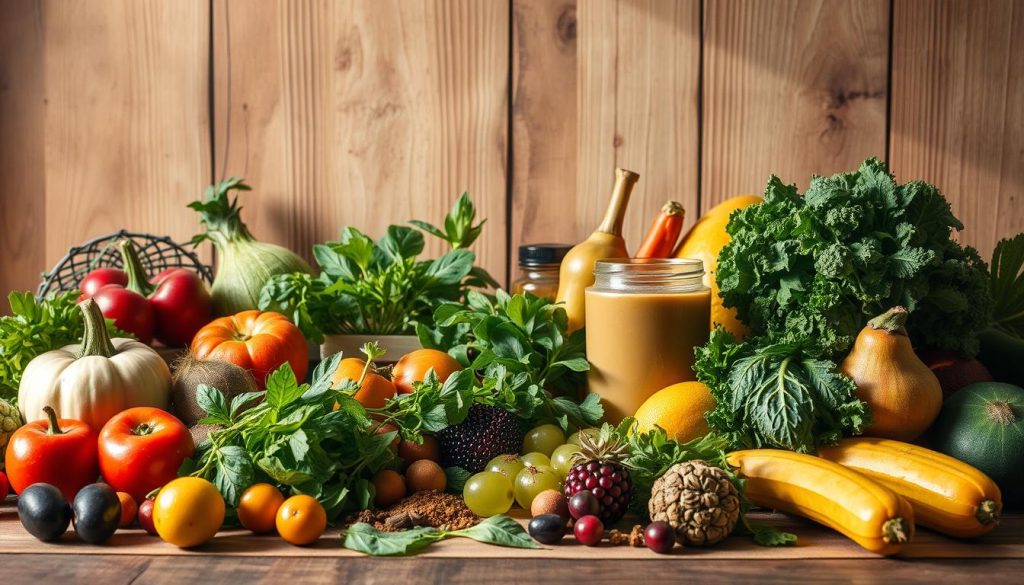 A vibrant still life showcasing an array of wholesome, plant-based ingredients arranged in a rustic, wooden setting. In the foreground, an assortment of fresh fruits, vegetables, and leafy greens are meticulously placed, bathed in warm, natural lighting that casts soft shadows. In the middle ground, various herbs, spices, and a glass jar filled with a nutritious smoothie or elixir complement the organic spread. The background features a simple, neutral-toned backdrop that allows the vibrant colors and textures of the holistic, nourishing elements to take center stage. The overall composition conveys a sense of balance, harmony, and a celebration of the beauty and goodness of wholesome, natural sustenance. A vibrant still life showcasing an array of wholesome, plant-based ingredients arranged in a rustic, wooden setting. In the foreground, an assortment of fresh fruits, vegetables, and leafy greens are meticulously placed, bathed in warm, natural lighting that casts soft shadows. In the middle ground, various herbs, spices, and a glass jar filled with a nutritious smoothie or elixir complement the organic spread. The background features a simple, neutral-toned backdrop that allows the vibrant colors and textures of the holistic, nourishing elements to take center stage. The overall composition conveys a sense of balance, harmony, and a celebration of the beauty and goodness of wholesome, natural sustenance.