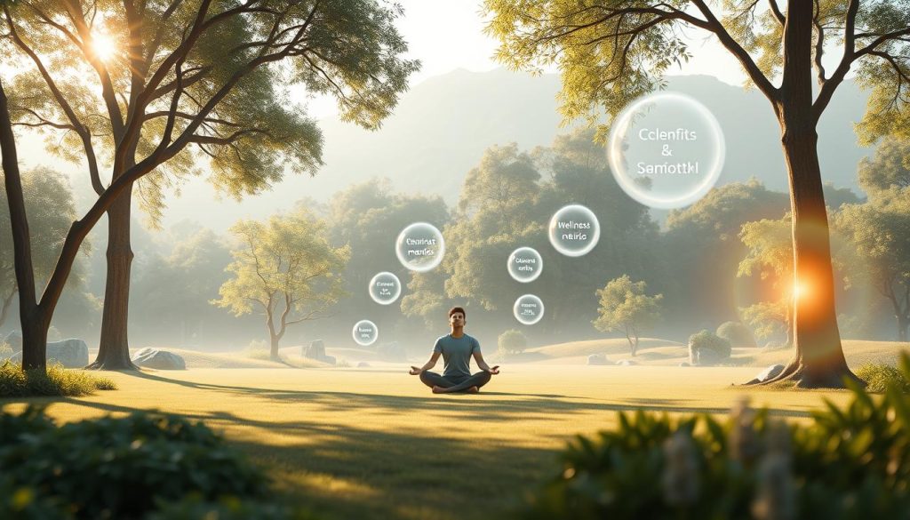 An idyllic digital landscape, with a serene meditation garden in the foreground. Soft, natural lighting filters through swaying digital trees, casting gentle shadows on the ground. In the middle ground, a person sits cross-legged, eyes closed, deeply immersed in a state of mindful contemplation. In the background, glowing digital orbs representing various wellness metrics hover peacefully, visualizing the tangible benefits of this digital mindfulness practice. The overall atmosphere is one of tranquility, focus, and a harmonious integration of technology and nature. An idyllic digital landscape, with a serene meditation garden in the foreground. Soft, natural lighting filters through swaying digital trees, casting gentle shadows on the ground. In the middle ground, a person sits cross-legged, eyes closed, deeply immersed in a state of mindful contemplation. In the background, glowing digital orbs representing various wellness metrics hover peacefully, visualizing the tangible benefits of this digital mindfulness practice. The overall atmosphere is one of tranquility, focus, and a harmonious integration of technology and nature.