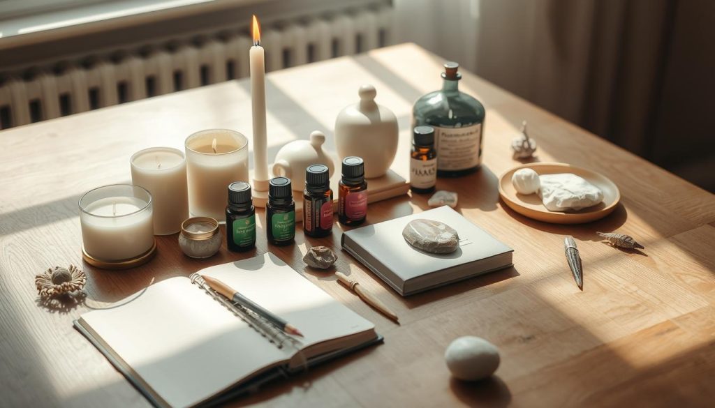 Serene arrangement of self-care items on a wooden table, bathed in soft natural light. Candles, crystals, essential oils, a journal, and various mindfulness tools create a calming, intentional atmosphere. Subtle shadows and reflections add depth, while a neutral color palette evokes a sense of tranquility. The scene invites the viewer to explore and engage with these emotional wellness tools, envisioning how they might curate their own personalized toolkit for cultivating inner balance and resilience.