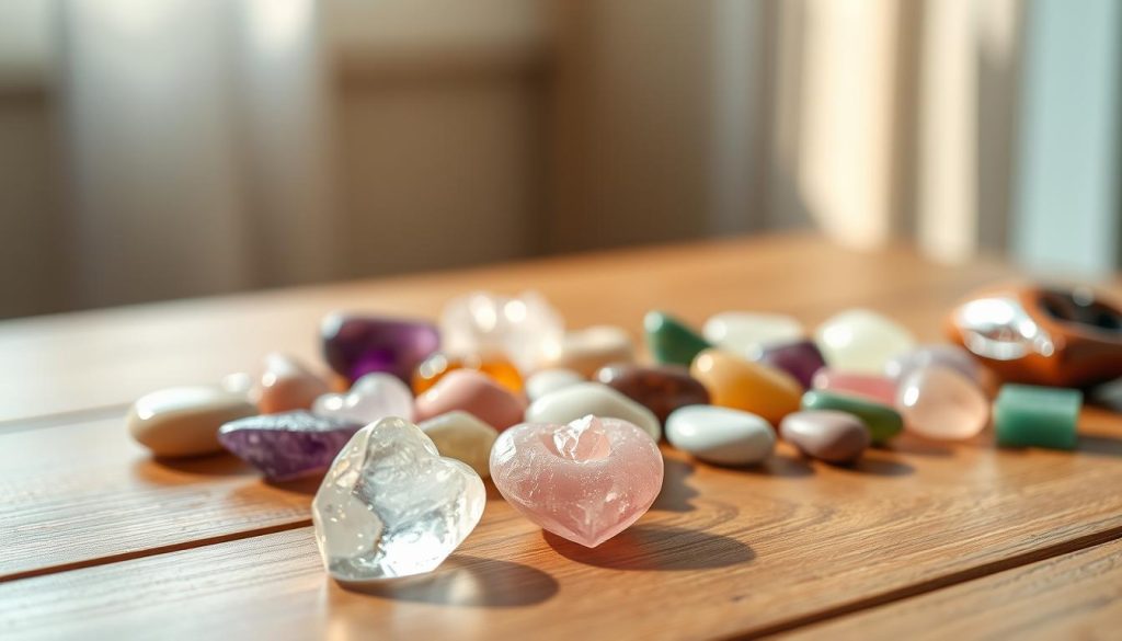 Soft natural lighting illuminates a tranquil scene of various healing crystals and stones arranged on a wooden table. In the foreground, a clear quartz point and rose quartz heart-shaped stone rest gently, their facets reflecting the light. The middle ground features an array of tumbled stones in soothing hues of amethyst, citrine, and jade, positioned to create a harmonious composition. The background subtly blurs, drawing the viewer's focus to the intentional placement of the crystals, conveying a sense of balance, mindfulness, and emotional healing.