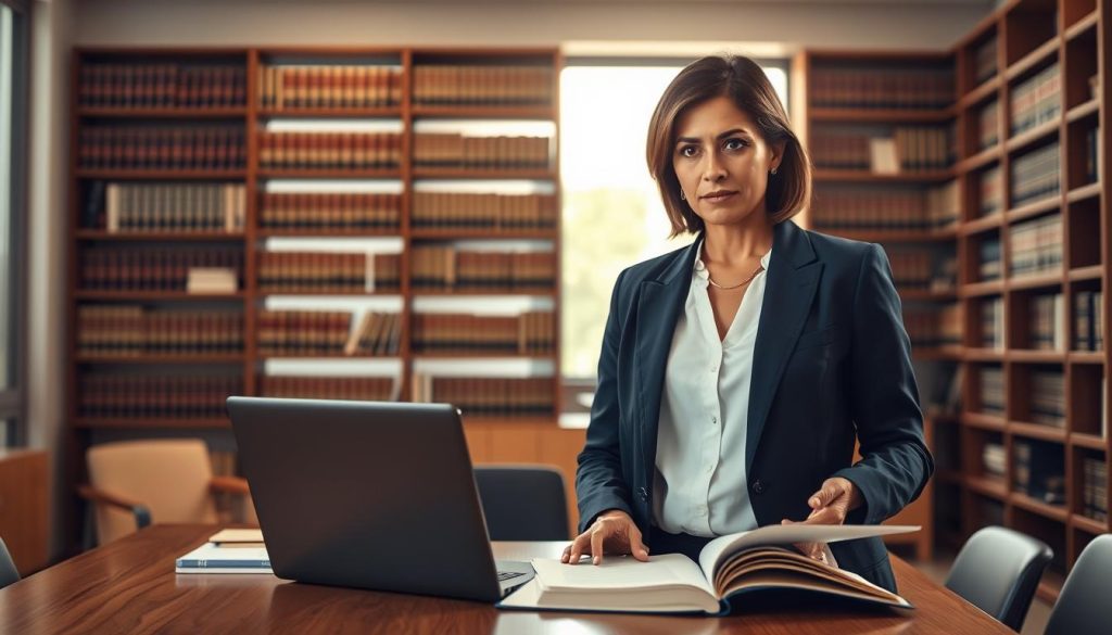 A confident employment law attorney standing in a modern office setting, emphasizing professionalism. In the foreground, the attorney, a middle-aged woman of Hispanic descent, is dressed in a tailored navy blazer and white blouse, her hair neatly styled. She is reviewing legal documents on her sleek wooden desk, with a laptop and a legal book nearby. In the middle ground, we see a large bookshelf filled with law books, symbolizing expertise. The background features a bright window with soft natural light filtering in, casting a warm glow across the room. The atmosphere is one of authority and trust, suggesting a safe space for clients seeking legal advice on workplace rights. The angle is slightly elevated, providing a comprehensive view of the attorney in her professional environment. A confident employment law attorney standing in a modern office setting, emphasizing professionalism. In the foreground, the attorney, a middle-aged woman of Hispanic descent, is dressed in a tailored navy blazer and white blouse, her hair neatly styled. She is reviewing legal documents on her sleek wooden desk, with a laptop and a legal book nearby. In the middle ground, we see a large bookshelf filled with law books, symbolizing expertise. The background features a bright window with soft natural light filtering in, casting a warm glow across the room. The atmosphere is one of authority and trust, suggesting a safe space for clients seeking legal advice on workplace rights. The angle is slightly elevated, providing a comprehensive view of the attorney in her professional environment.