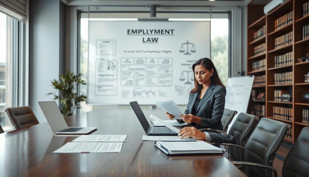 A professional employment law attorney preparing for a meeting in a modern office setting. In the foreground, a neatly arranged conference table with legal documents, a laptop, and a notepad. The attorney, a South Asian woman in formal business attire, is reviewing paperwork, looking focused and determined. In the middle ground, a large whiteboard with notes and graphics related to employment law, suggesting preparation. The background features a sleek office environment with bookshelves filled with legal texts and a large window that allows natural light to flood the room, creating a bright and inviting atmosphere. The overall mood is professional and serious, emphasizing the importance of workplace rights. A professional employment law attorney preparing for a meeting in a modern office setting. In the foreground, a neatly arranged conference table with legal documents, a laptop, and a notepad. The attorney, a South Asian woman in formal business attire, is reviewing paperwork, looking focused and determined. In the middle ground, a large whiteboard with notes and graphics related to employment law, suggesting preparation. The background features a sleek office environment with bookshelves filled with legal texts and a large window that allows natural light to flood the room, creating a bright and inviting atmosphere. The overall mood is professional and serious, emphasizing the importance of workplace rights.