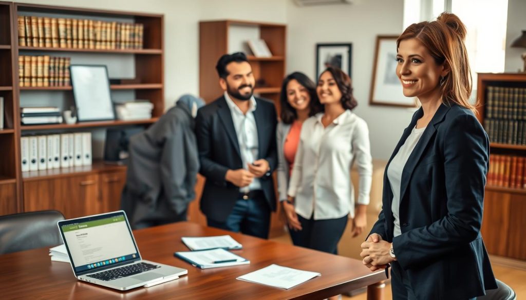 A professional immigration attorney stands confidently in an office setting, showcasing a blend of expertise and approachability. In the foreground, the attorney, a middle-aged Hispanic woman dressed in a tailored navy suit, is engaged in conversation with a diverse couple, who appear relieved and hopeful. The couple is dressed in smart casual attire. In the middle ground, a large wooden desk is scattered with documents and legal books, and a laptop is open, displaying a legal website. The background features a wall of shelves filled with law books and a framed certificate. The lighting is warm and inviting, with natural light filtering through a window, creating a sense of trust and professionalism. The atmosphere is focused and supportive, emphasizing the importance of finding the right legal representation for immigration needs. A professional immigration attorney stands confidently in an office setting, showcasing a blend of expertise and approachability. In the foreground, the attorney, a middle-aged Hispanic woman dressed in a tailored navy suit, is engaged in conversation with a diverse couple, who appear relieved and hopeful. The couple is dressed in smart casual attire. In the middle ground, a large wooden desk is scattered with documents and legal books, and a laptop is open, displaying a legal website. The background features a wall of shelves filled with law books and a framed certificate. The lighting is warm and inviting, with natural light filtering through a window, creating a sense of trust and professionalism. The atmosphere is focused and supportive, emphasizing the importance of finding the right legal representation for immigration needs.