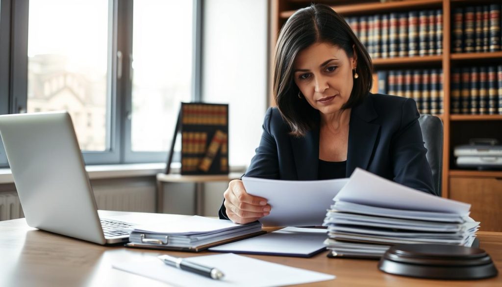 A professional immigration lawyer seated at a modern office desk, focusing intently on a stack of legal documents and a laptop. The lawyer, a middle-aged woman with shoulder-length dark hair, is dressed in a smart navy suit, exuding confidence and expertise. In the foreground, a pen and notepad are arranged neatly, while in the middle, a bookshelf filled with law books serves as a backdrop, hinting at her extensive knowledge. The background features a large window, allowing soft natural light to illuminate the scene, creating an inviting atmosphere. The overall mood is one of professionalism and determination, capturing the critical moment when a client seeks legal advice. The composition is shot from a slightly elevated angle to emphasize her authority. A professional immigration lawyer seated at a modern office desk, focusing intently on a stack of legal documents and a laptop. The lawyer, a middle-aged woman with shoulder-length dark hair, is dressed in a smart navy suit, exuding confidence and expertise. In the foreground, a pen and notepad are arranged neatly, while in the middle, a bookshelf filled with law books serves as a backdrop, hinting at her extensive knowledge. The background features a large window, allowing soft natural light to illuminate the scene, creating an inviting atmosphere. The overall mood is one of professionalism and determination, capturing the critical moment when a client seeks legal advice. The composition is shot from a slightly elevated angle to emphasize her authority.