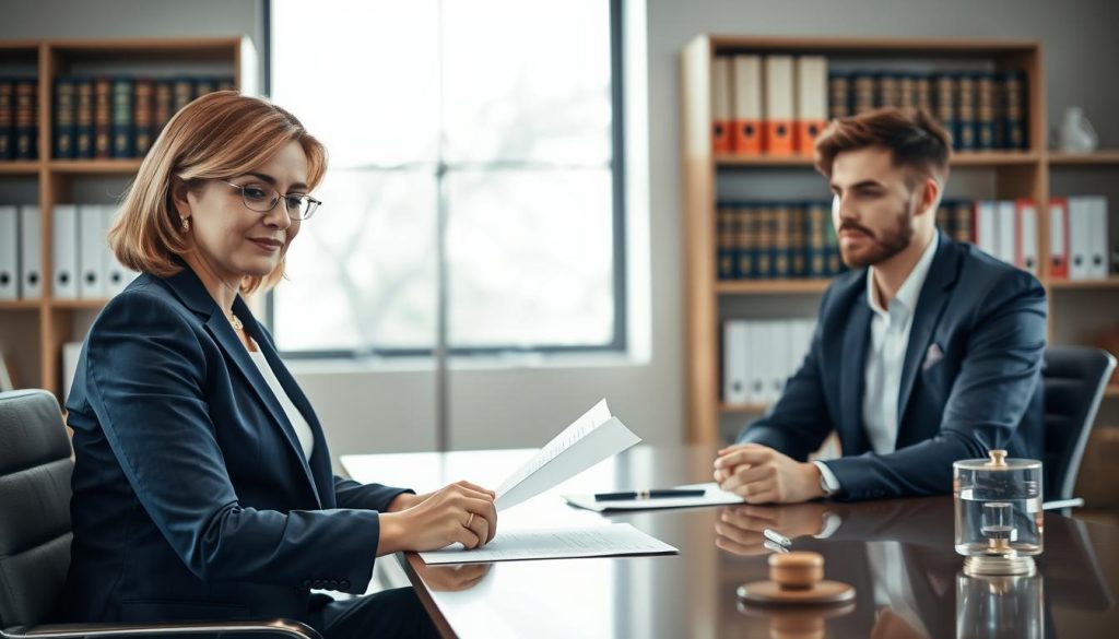 A professional office scene showcasing a meeting between a confident employment law attorney and a client. In the foreground, the attorney, a middle-aged female in a tailored navy blue suit, is seated at a sleek, modern desk, reviewing a document with a serious expression. The client, a young male in a smart casual outfit, listens attentively. In the middle ground, shelves filled with legal books and case files create a sense of credibility. The background features a large window letting in soft, natural light, illuminating the room with a warm ambiance. The overall mood is one of professionalism and trust, capturing the essence of legal advocacy and the discussion of costs and fee structures. The composition should be well-lit, with a focus on clear details and a slightly blurred background, emphasizing the subjects in the foreground. A professional office scene showcasing a meeting between a confident employment law attorney and a client. In the foreground, the attorney, a middle-aged female in a tailored navy blue suit, is seated at a sleek, modern desk, reviewing a document with a serious expression. The client, a young male in a smart casual outfit, listens attentively. In the middle ground, shelves filled with legal books and case files create a sense of credibility. The background features a large window letting in soft, natural light, illuminating the room with a warm ambiance. The overall mood is one of professionalism and trust, capturing the essence of legal advocacy and the discussion of costs and fee structures. The composition should be well-lit, with a focus on clear details and a slightly blurred background, emphasizing the subjects in the foreground.