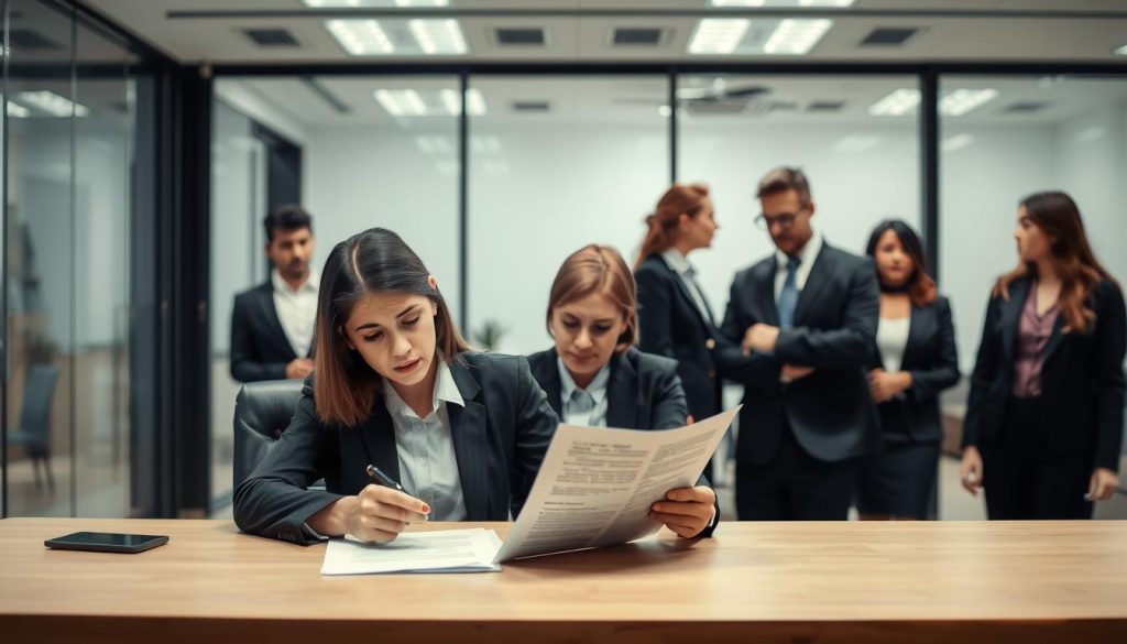A professional office setting depicting various scenarios of wrongful termination. In the foreground, a distressed employee sitting at a desk, dressed in business attire, looking at a termination letter in disbelief. In the middle, diverse colleagues, all in neat business outfits, are engaged in discussions, with facial expressions ranging from concern to shock. In the background, a glass-walled office space conveys an atmosphere of tension and anxiety, with a blurred view of a manager in a suit, appearing authoritative. Soft, diffused lighting from overhead fixtures creates a serious tone, while a slight focus on the foreground draws attention to the emotional impact of wrongful termination. The overall mood is somber and reflective, illustrating the gravity of job loss and its implications.