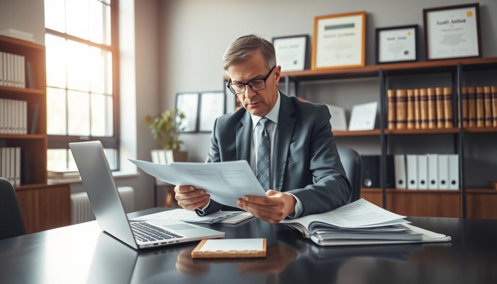 A professional workers' compensation attorney in a modern office setting, focused on gathering medical evidence for a case. In the foreground, the attorney, a middle-aged individual in business attire, intently reviews documents and medical records on a sleek desk, with a laptop open and a notepad beside them. The middle ground features shelves filled with legal books and framed diplomas, emphasizing expertise. In the background, a large window lets in natural light, which creates a warm, inviting atmosphere. The office is neatly organized, with a hint of professionalism in the air, suggesting diligence and attention to detail. The overall mood conveys competence and commitment to supporting clients in need. A professional workers' compensation attorney in a modern office setting, focused on gathering medical evidence for a case. In the foreground, the attorney, a middle-aged individual in business attire, intently reviews documents and medical records on a sleek desk, with a laptop open and a notepad beside them. The middle ground features shelves filled with legal books and framed diplomas, emphasizing expertise. In the background, a large window lets in natural light, which creates a warm, inviting atmosphere. The office is neatly organized, with a hint of professionalism in the air, suggesting diligence and attention to detail. The overall mood conveys competence and commitment to supporting clients in need.