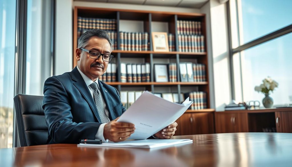 A professional workers' compensation attorney in a modern office setting. In the foreground, the attorney, a middle-aged person of diverse descent, wearing a tailored navy suit and glasses, is sitting at a sleek wooden desk, reviewing case files focused and determined. In the middle ground, a neatly organized bookshelf filled with legal books and certificates showcases expertise. In the background, large windows let in soft, natural light, reflecting a calm yet professional atmosphere. The angle is slightly from above, emphasizing the attorney's engagement with their work while hinting at a clear blue sky outside. The overall mood is authoritative, focused, and reassuring, suggesting trust and competence in legal matters. A professional workers' compensation attorney in a modern office setting. In the foreground, the attorney, a middle-aged person of diverse descent, wearing a tailored navy suit and glasses, is sitting at a sleek wooden desk, reviewing case files focused and determined. In the middle ground, a neatly organized bookshelf filled with legal books and certificates showcases expertise. In the background, large windows let in soft, natural light, reflecting a calm yet professional atmosphere. The angle is slightly from above, emphasizing the attorney's engagement with their work while hinting at a clear blue sky outside. The overall mood is authoritative, focused, and reassuring, suggesting trust and competence in legal matters.